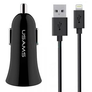 Автомобільний зарядний пристрій Usams С13 + USB кабель iPhone X (2USB/2,1A) Чорний