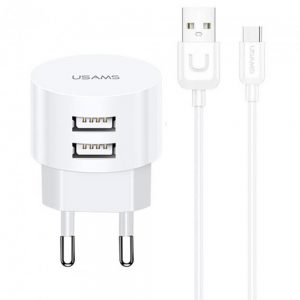 Мережевий зарядний пристрій 2USB Usams T20 (2.1A) + USB кабель U35 Type-C  Білий