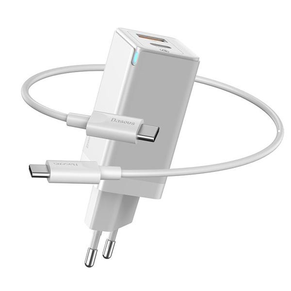 Мережевий зарядний пристрій Baseus GaN2 Q.Charger C+U 45W кабель Type-C to Type-C 60W Білий