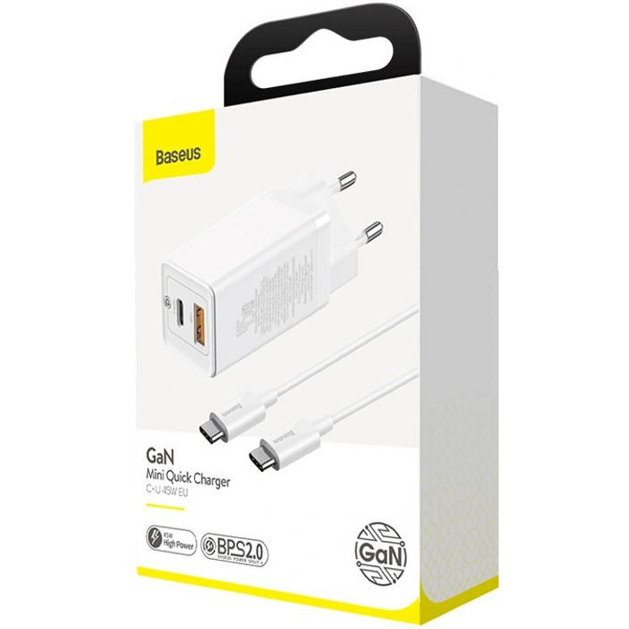 Мережевий зарядний пристрій Baseus GaN2 Q.Charger C+U 45W кабель Type-C to Type-C 60W Білий - Зображення 4