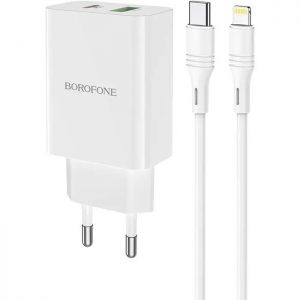 Мережевий зарядний пристрій Borofone BA38A Plus PD20W+QC3.0 3A Type-C to Lightning Білий