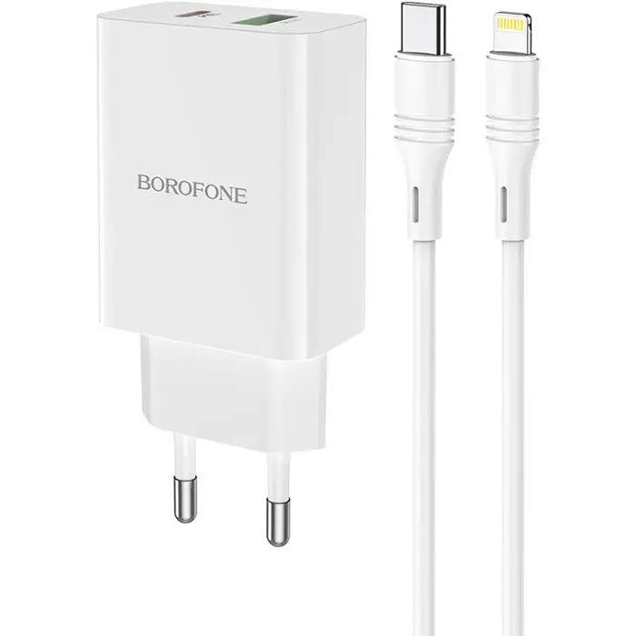 Мережевий зарядний пристрій Borofone BA38A Plus PD20W+QC3.0 3A Type-C to Lightning Білий