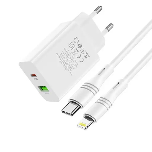 Мережевий зарядний пристрій Borofone BA38A Plus PD20W+QC3.0 3A Type-C to Lightning Білий - Зображення 2