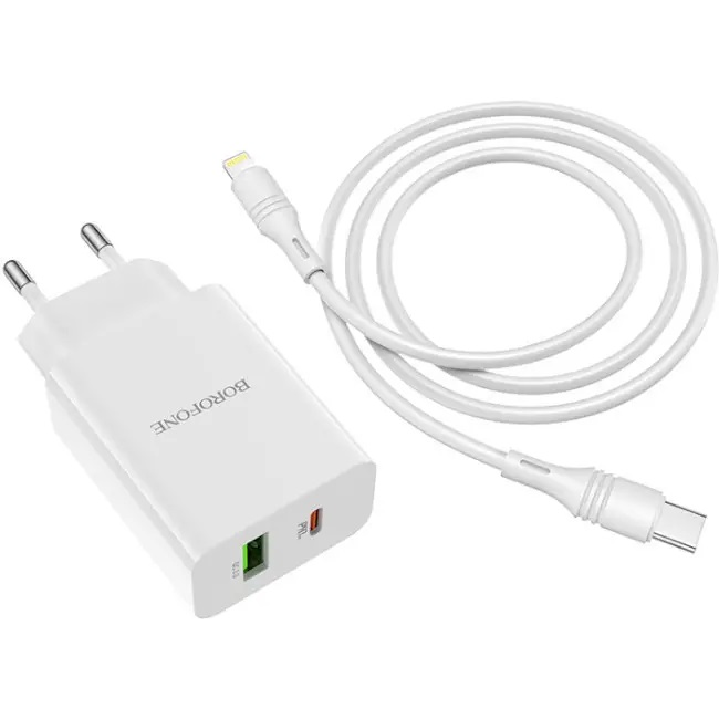 Мережевий зарядний пристрій Borofone BA38A Plus PD20W+QC3.0 3A Type-C to Lightning Білий - Зображення 3