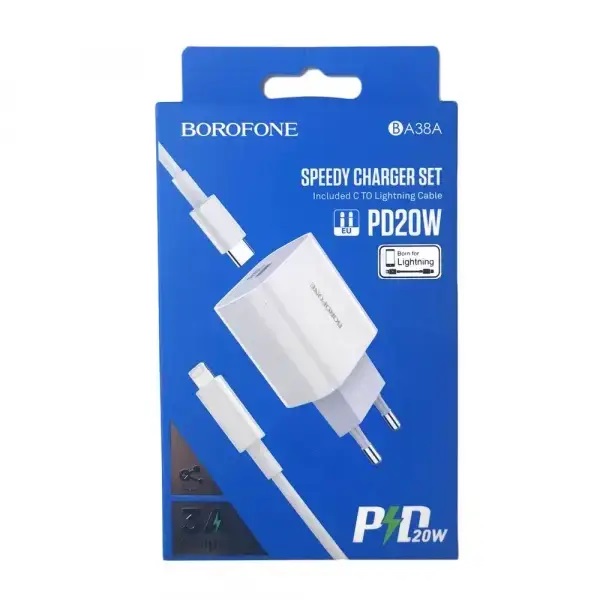 Мережевий зарядний пристрій Borofone BA38A Plus PD20W+QC3.0 3A Type-C to Lightning Білий - Зображення 4