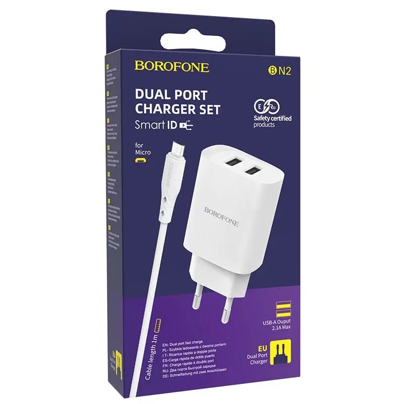 Мережевий зарядний пристрій Borofone BN2 2 USB 2.1A Micro Білий - Зображення 2
